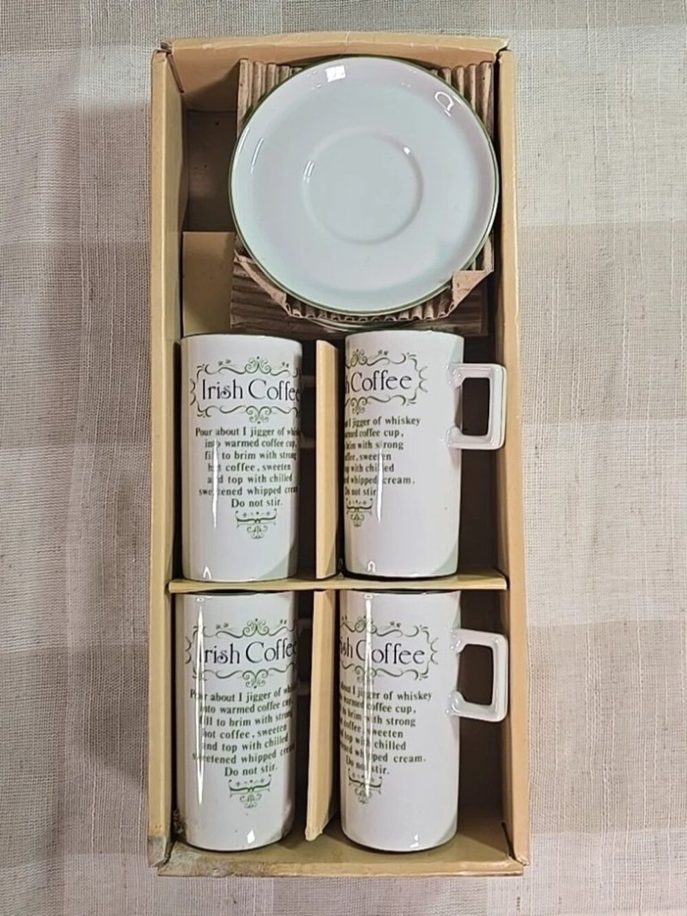 Irish Coffee Mugs & Saucers Recipe Cups Set of 4 White Green Japan 5 oz ~ NOS
